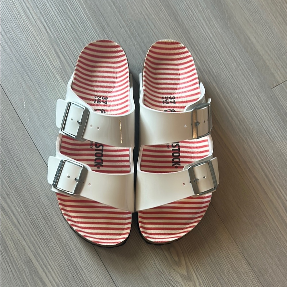 Birkenstock White and Red Sandals with Two-Strap Design